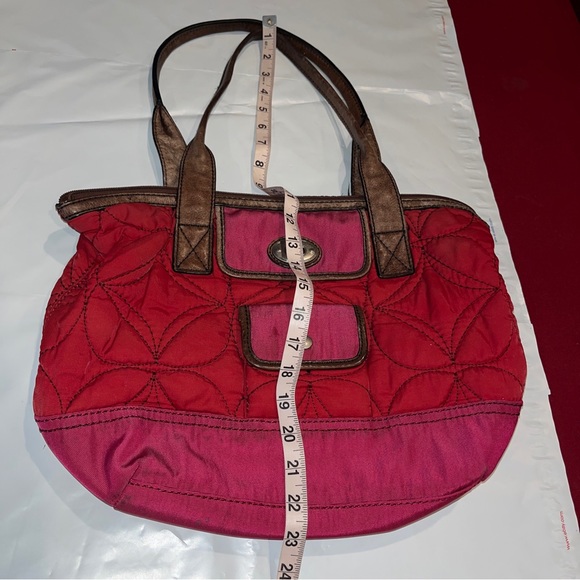 Fossil Key Per RED Handbag Purse Cranberry QUILTED Fabric Brown Leather TOTE 15” - Picture 10 of 14